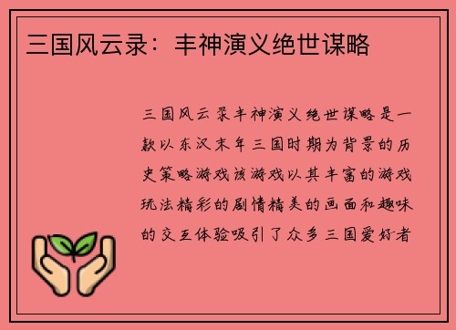 三国风云录：丰神演义绝世谋略
